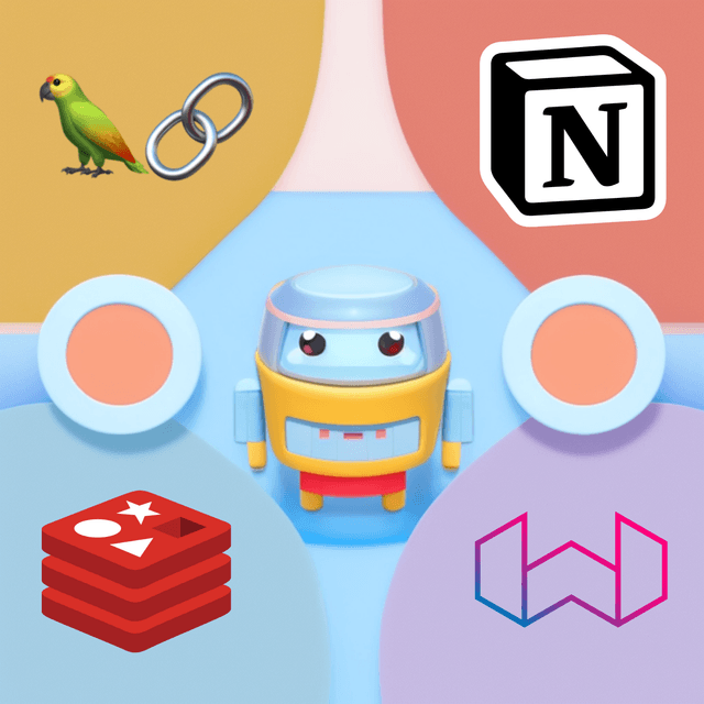 A picture of a cute slack bot and the icons of the services that are integrated: langchain, notion, weaviate and redis